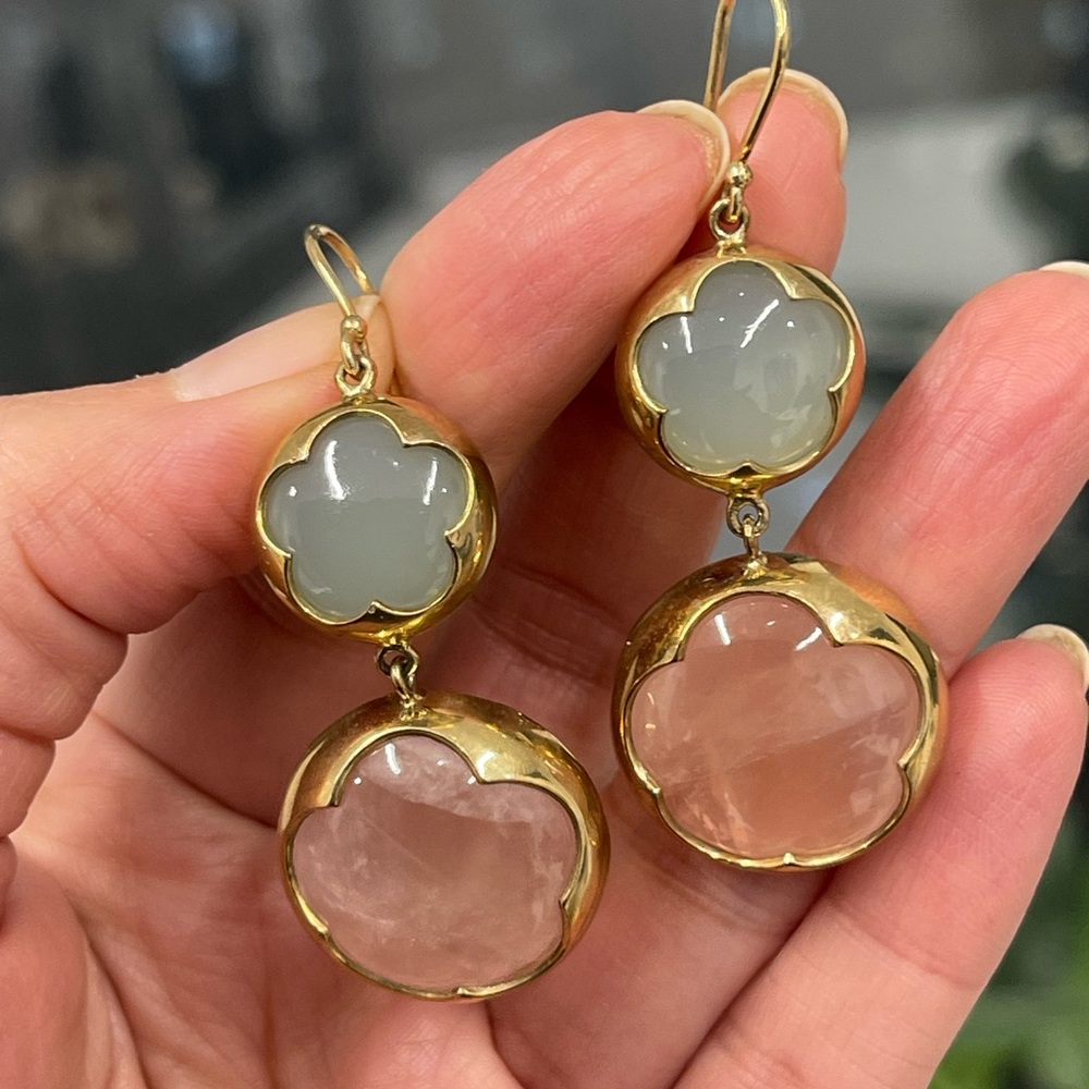 NWT! Gold Plated Sterling Silver Dangle Earrings – Rose Quartz & Prehnite